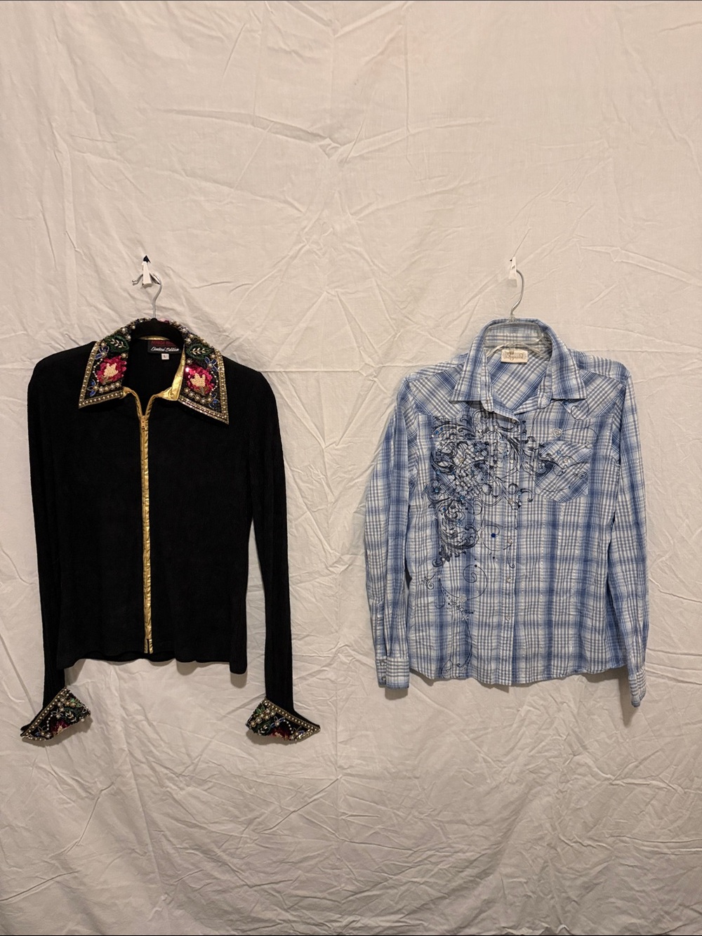 Black Embellished Button-Down Top with Floral Collar and A Blue Western Shirt